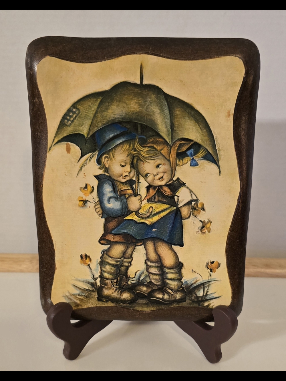 Vintage Evans Hummel Style Wood Plaque Boy Girl Umbrella Scafa-Tornabene 1970s